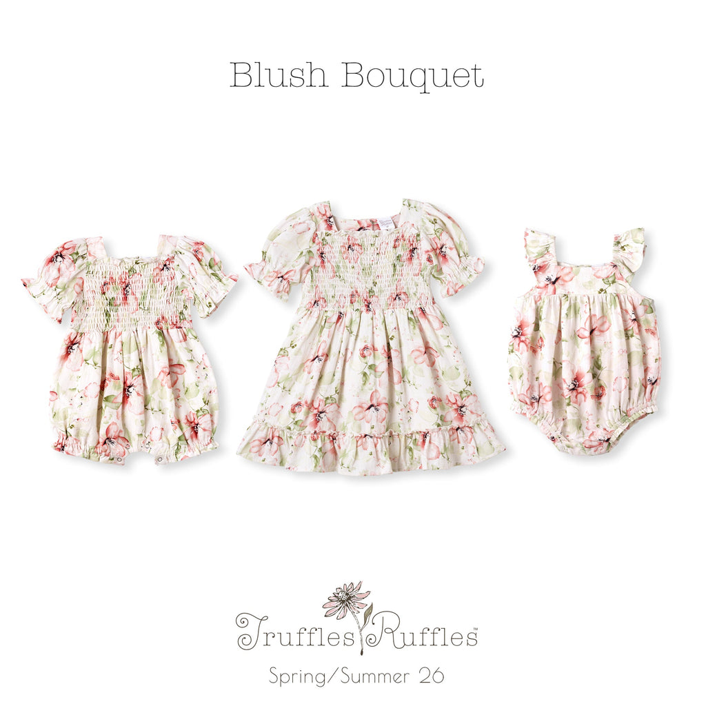 Blush Bouquet Smocked Bodice Puff Sleeve Baby Girl Romper
