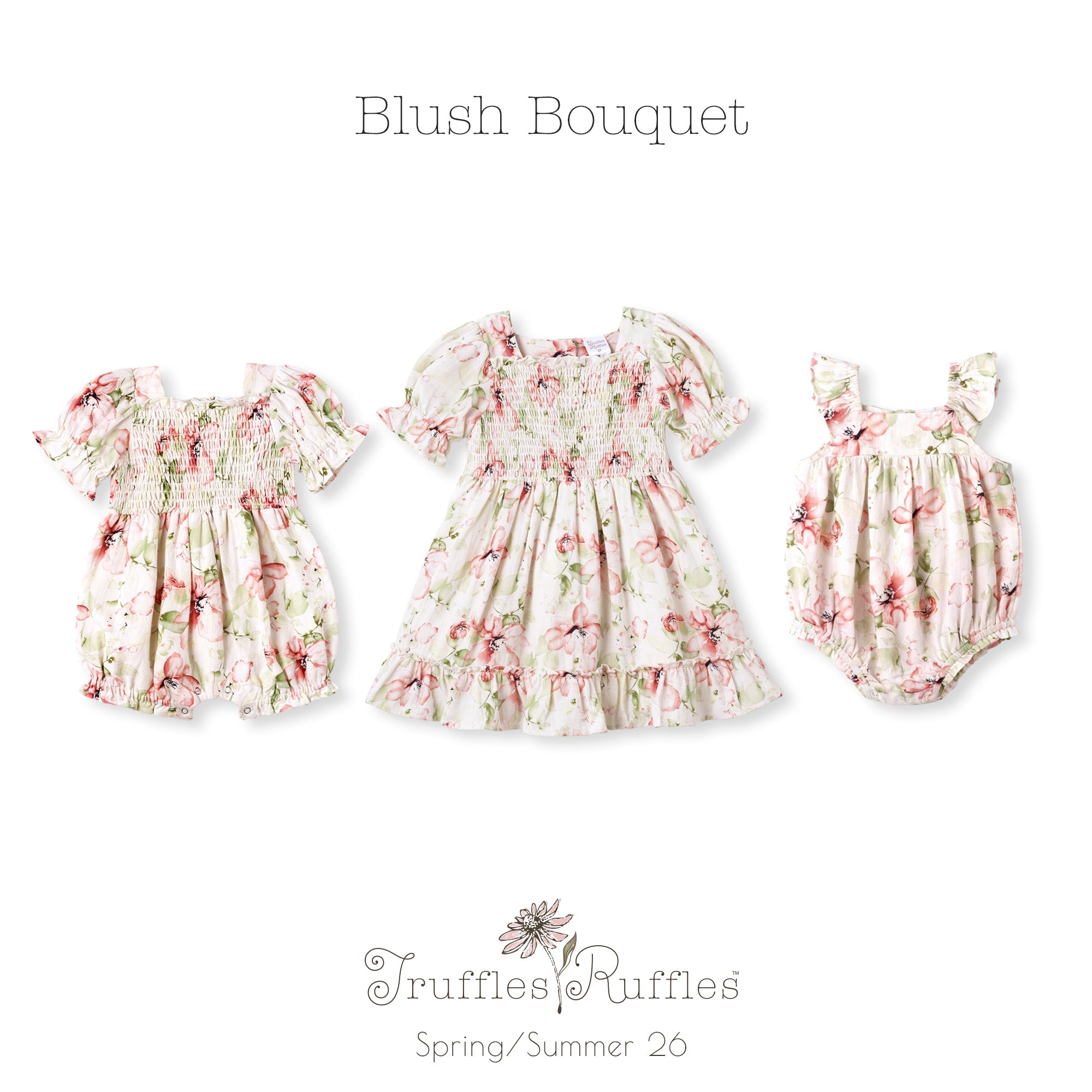 Blush Bouquet Smocked Bodice Puff Sleeve Baby Girl Romper