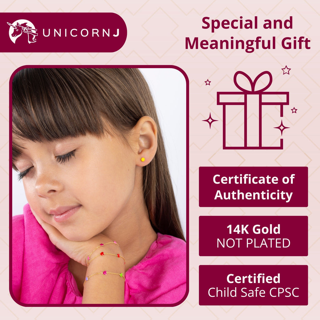 UNICORNJ 14k Yellow Gold Enamel Mini Heart Bracelet Charm Dangle or Vertical Stacked 5 Heart Station for Girls Kids Toddlers Babies Made in Italy 5.25 or 5.5 inches