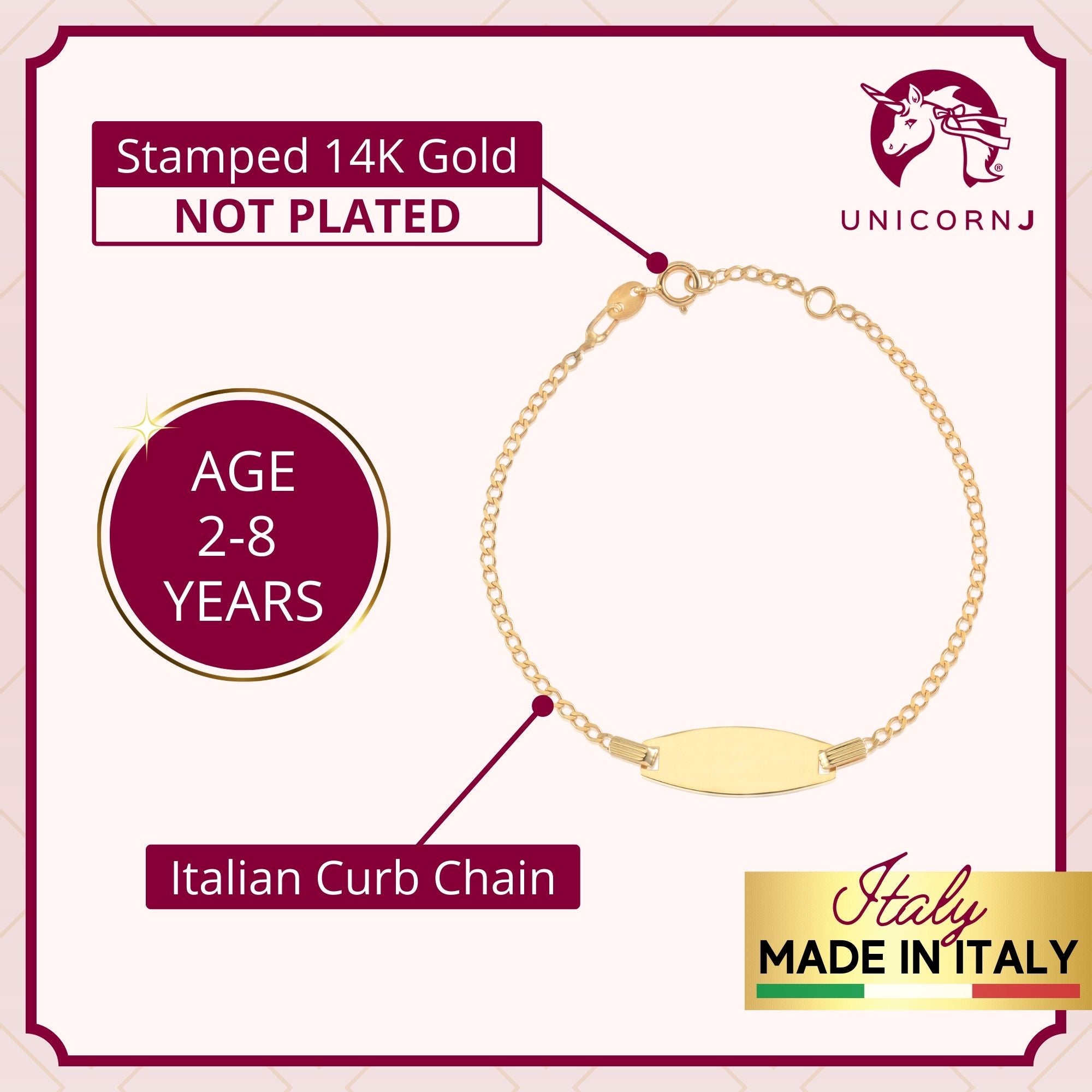 14k Yellow Gold ID Bracelet Engravable Girls Boys Kids Baby Curb Chain Made in Italy